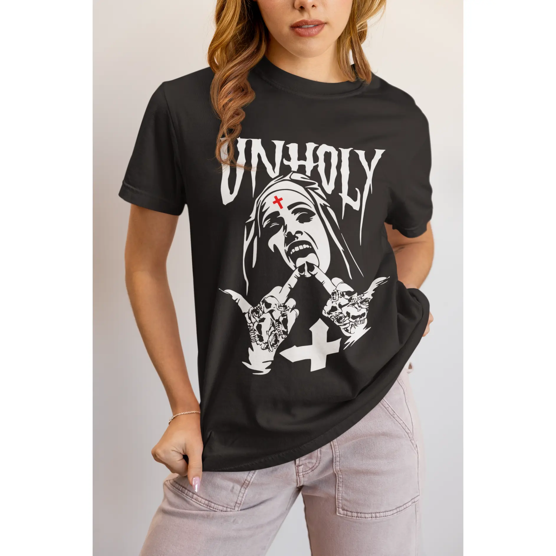 Unholy Darkness Nun Graphic Tee – Dark Gothic Streetwear Shirt Crewneck unique clothing