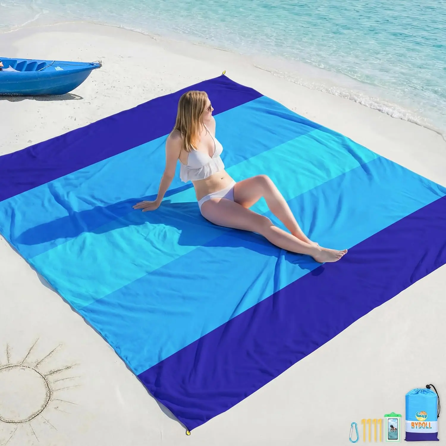 Oversized Large Beach Blanket 10'x9" - Waterproof, Sandproof, Abrasion Resistant 210T Ripstop Polyester Sun Protection Mat, Collapsible Folding Family-Sized Picnic Blanket with 4 Stakes, Carabiner Hook, Keep Out the Wind Emergency Mat for Camping, Beach,,