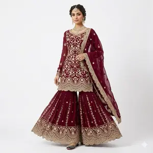 Red sharara beautiful embroidery party wear Panjabi Womenswear