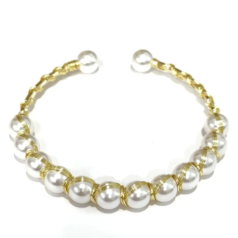 Gold Plated Bangle de Perlas de Joyeria 14 K with Gold Finish and Round Beads