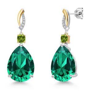 925 Silver and 10K Yellow Gold Green Nano Emerald and Green Peridot and White Lab Grown Diamond Earrings For Women | 19.21 Cttw | GemstoneMay Birthstone | Pear Shape 18X13MM