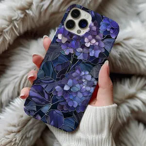 Dark Hydrangea Stained Glass Phone Case, Wildflower Artful Vintage Floral Aesthetic, Magsafe Phone Cases  For IP X 11 12 13 14 15 16 S21 S22 S23 S24 S25-Ultra Series