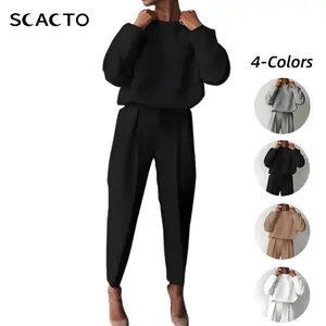 Scacto Women's 2-Piece Solid Loungewear - Round Neck Long Sleeve Pullover Top & Wide-Leg Pleated Pants | Stylish & Comfortable for Spring/Fall Home Wear & Casual Errands
