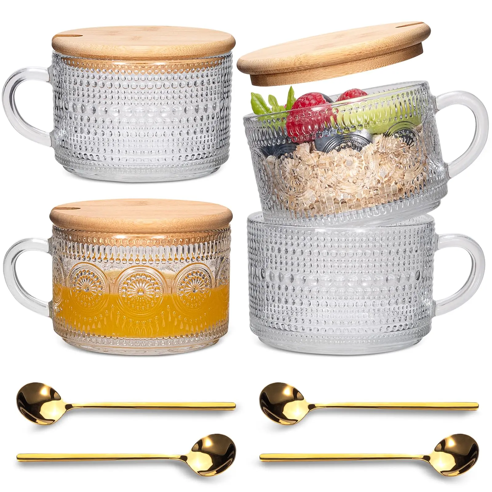 Vintage Coffee Tea Cups [4 Pack], 14 oz Glass Tea Coffee Mugs, Clear Embossed Glass Cups for Cappuccino, Latte,Cereal, Yogurt, Beverage (2 sunflower + 2 raindrop)
