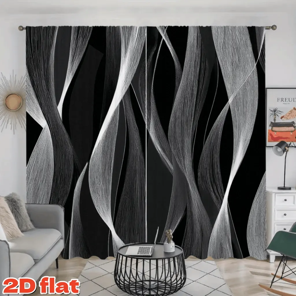 2D Flat 2Pcs Black And White Abstract Wavy Line Pattern Curtains, Modern Design Window Drapes, Semi-Sunshade Privacy Protection For Living Room, Bedroom, Balcony, Kitchen, Study, Decoration Gift, Home Decoration Curtain, Blackout