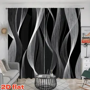 2D Flat 2Pcs Black And White Abstract Wavy Line Pattern Curtains, Modern Design Window Drapes, Semi-Sunshade Privacy Protection For Living Room, Bedroom, Balcony, Kitchen, Study, Decoration Gift, Blackout