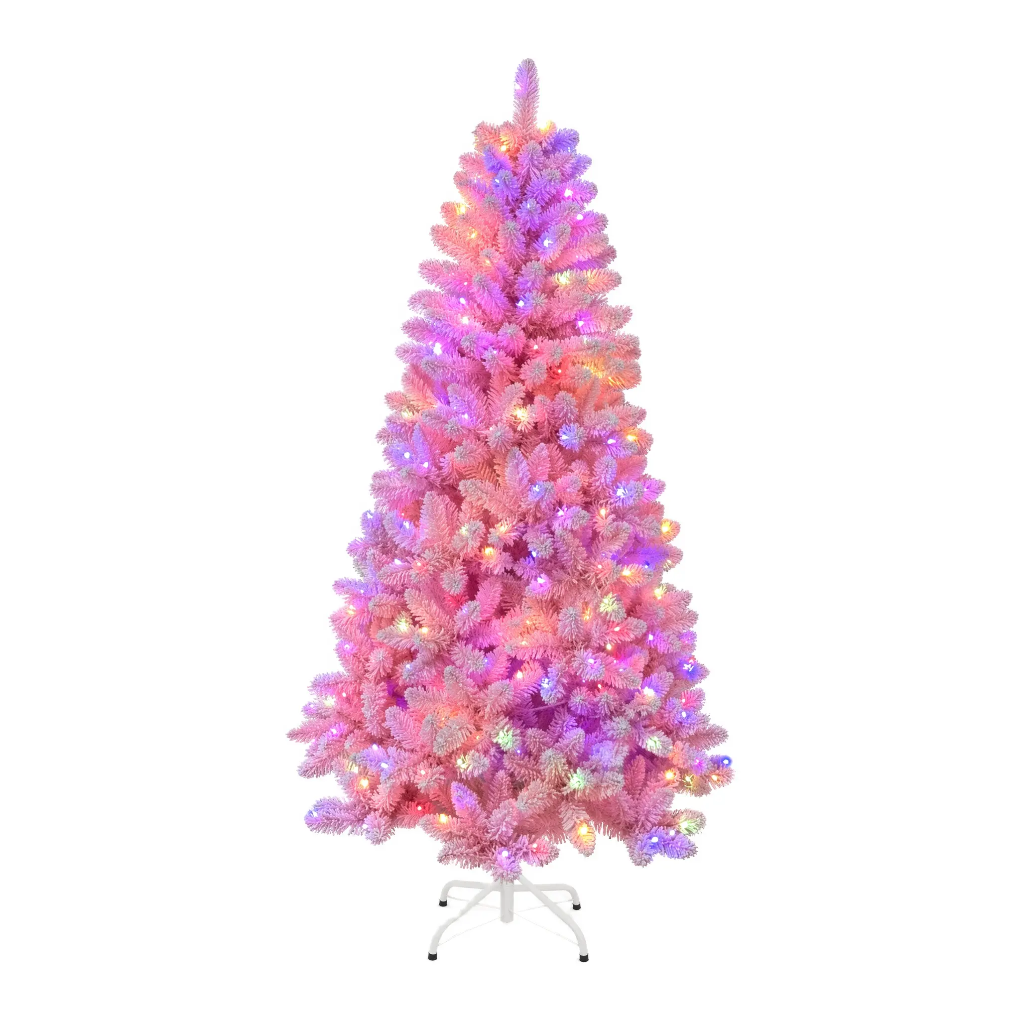 INTERGREAT Pink Flocked Christmas Tree with Lights, Pre-lit Dreamy Pastel Pink Artificial Tree with Multi-Color LED Lights & Metal Stand, Full Fluffy Christmas Holiday Home Decor