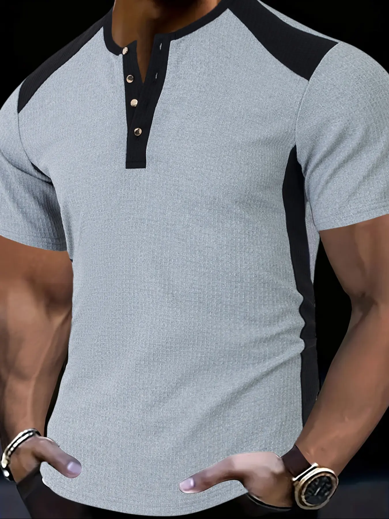 Men's Fashion Casual Business Henry Shirt, High-End Waffle Knit, Essential Golf Polo Set, Breathable Warm, Indoor & Outdoor, Fitted, Menswear