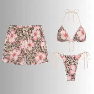 Leopard Hibiscus Flower Matching Couples Swimwear, String Bikini Set with Men’s Beach Shorts Tropical Summer Vacation Outfit