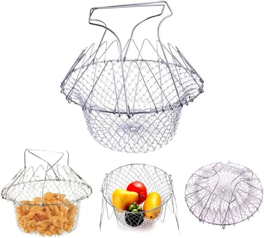 304 Stainless Steel Foldable Strainer Basket - Sturdy Food Colander Kitchenware, Kitchen Strainer Utensils with Handles, Multi-Function Filtration Tool for Fried Food, Fruit Washing