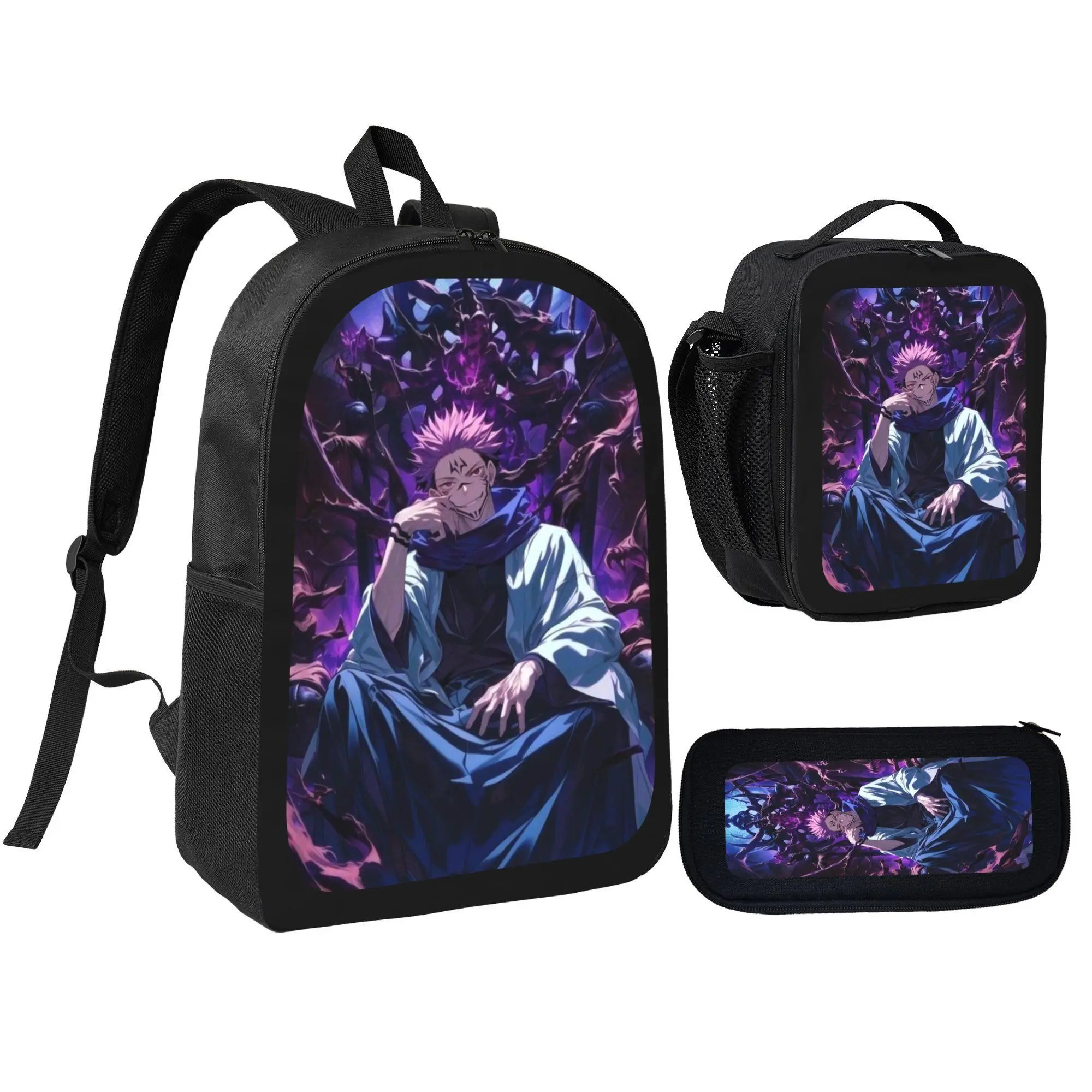 [3Pcs Set Pack] Jujutsu Kaisen Gojo Satoru Anime Print Character Art School Backpacks, Lunch Bag, Pencil Pouch - Bags for School for Kids, Daily Use & Travel Gift