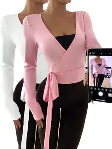 Autumn and Winter Yoga Fitness Sports Stretch Soft Open Front Tie V-Neck Wrap Long Sleeve Slim Fit T-Shirt, Fashion Minimalist Casual Elegant Wardrobe Essential Two-piece set, Gym Clothes Workout, Athletic Yoga Tops