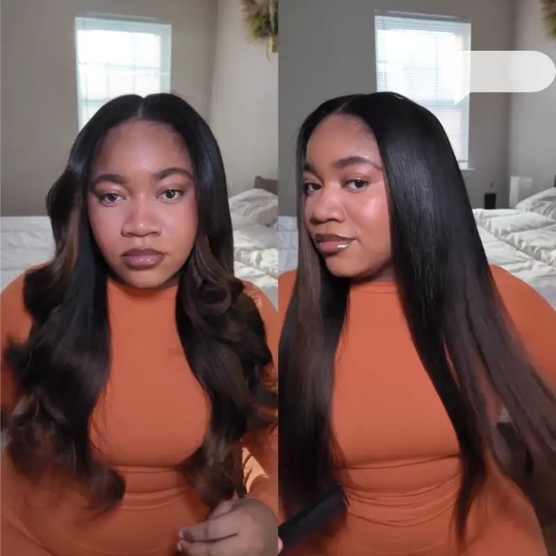 Women's Klaiyi V-Part Virgin Hair Wig - Glueless Hair Replacement, Yaki Straight Cut, Asymmetrical Ombre Chestnut Brown Colored Clip-in Extensions, 150% Density