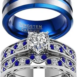 Couple Ring Bridal Sets His Hers Women 10k White Gold Filled Men Tungsten Carbide Wedding Engagement Ring Band