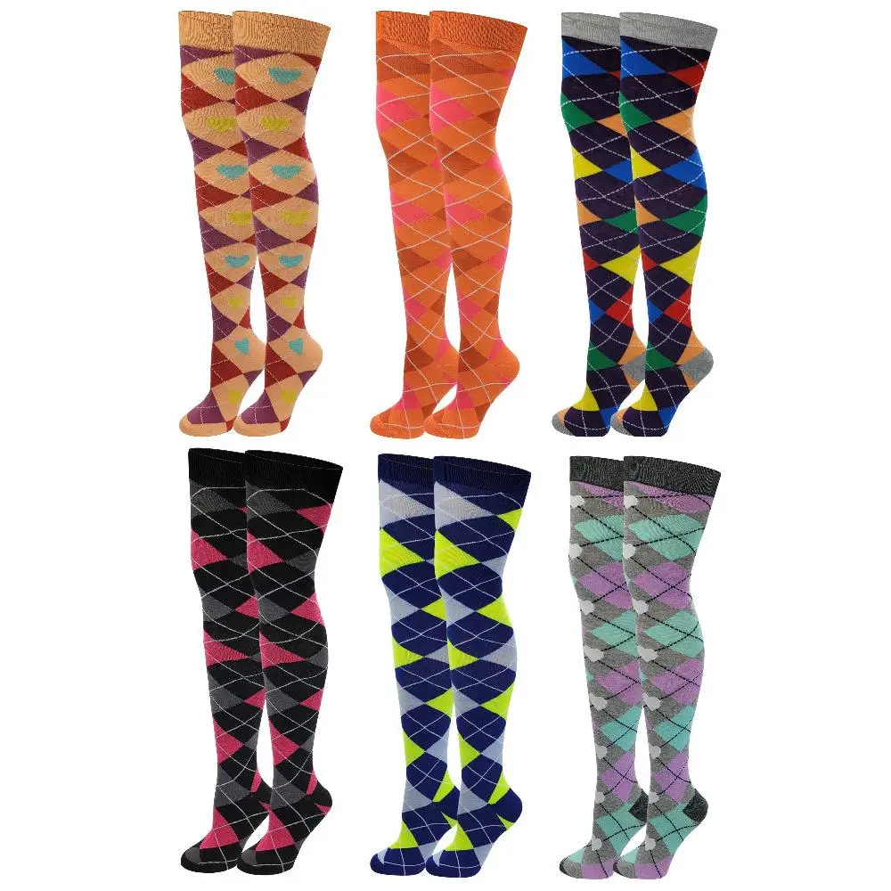 Women's 6-Pair Stretchy Spandex Polyester Thigh High Over-the-Knee Socks Stockings - Fashion, Style, Comfortable, Soft, Smooth, Breathable, Colorful Multi-Geometric Argyle, Secure Fit for Everyday, Halloween Outfits, Lady, Top, Neon, Dancing, Six Pairs, P