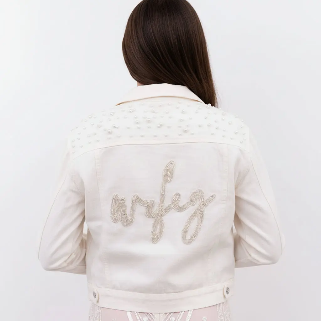 Women's Pearl Beaded Premium Durable Denim Jacket - Classic Fitted 'Wifey' Bridal Top, Long Sleeve True-to-Size, Hand-Applied Pearls, Elegance, Dressy Casual, Front & Back, Bridal Outerwear for Wedding Day
