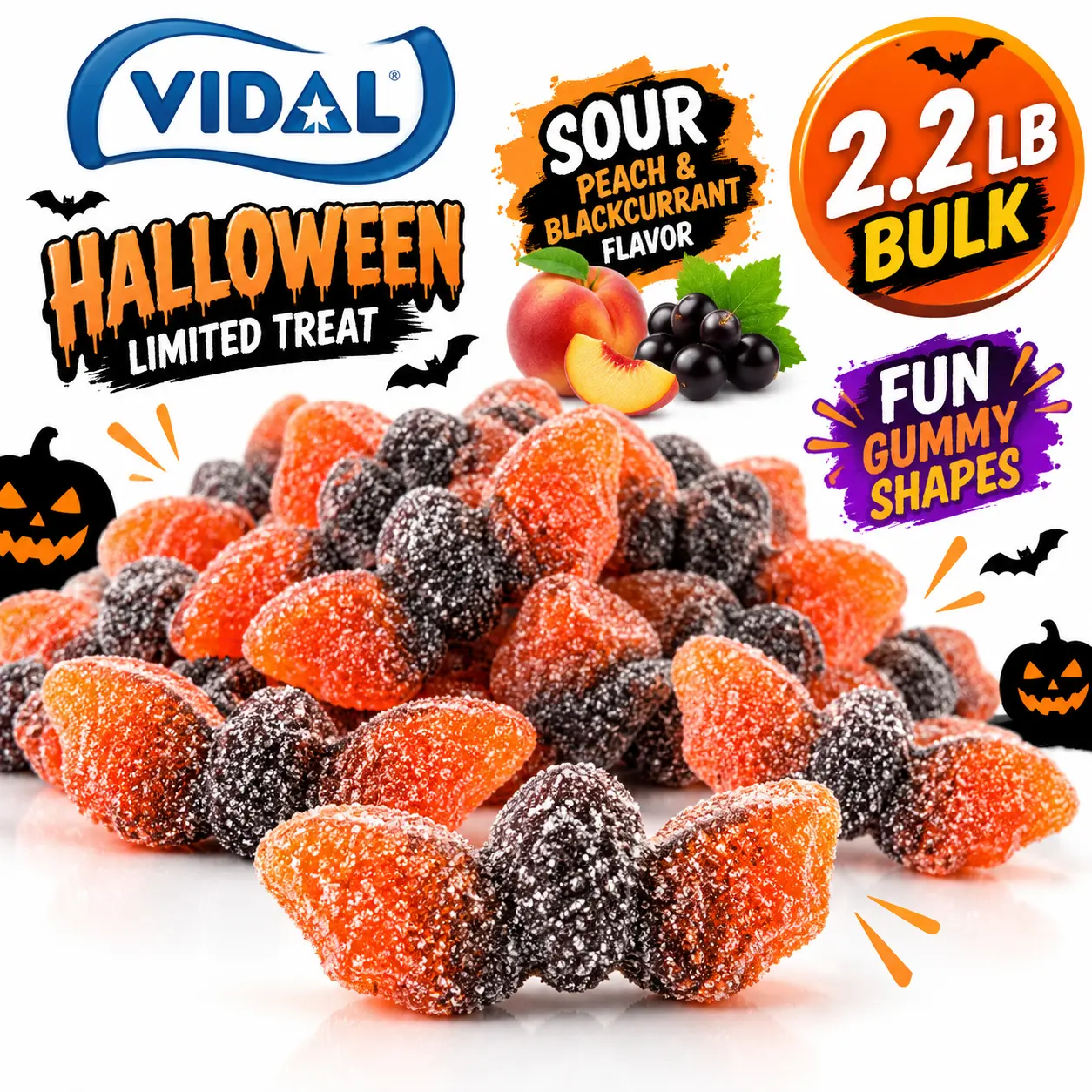 Vidal Halloween Sour Gummy Bats Peach Blackcurrant 2.2 lb Bulk Bag Spooky Gummy Candy