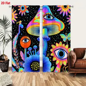2D Flat  Psychedelic Mushroom & Flower Home Decoration Curtain 2-Piece Set, Black Background with Neon Colors, Whimsical Surreal Art Window Drapes for Bedroom Living Room, Bold Color Gradient High Contrast Design