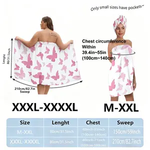 Plus Size Bath Wrap Set, Large Bath Towels for Women, Pink Butterfly Patterned White Bath Towel with Matching Headwrap, Skirt & Triangle Piece (M-XXXXL), Perfect for Post-Bath, Spa, Pool, or Mother's Day Gift, Bathroom Towel Set, Premium Bath Towels