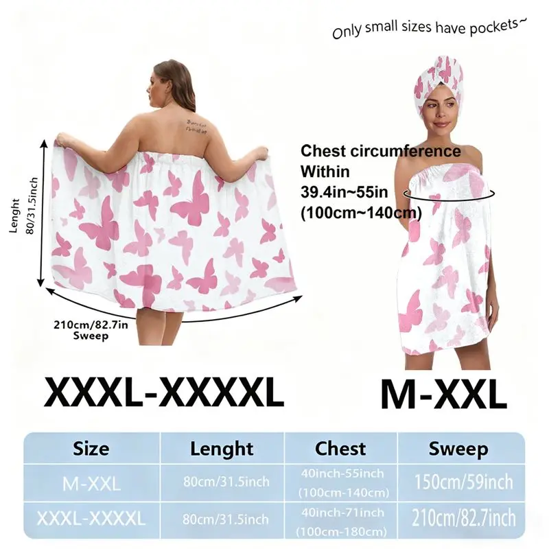 Plus Size Bath Wrap Set, Large Bath Towels for Women, Pink Butterfly Patterned White Bath Towel with Matching Headwrap, Skirt & Triangle Piece (M-XXXXL), Perfect for Post-Bath, Spa, Pool, or Mother's Day Gift, Bathroom Towel Set, Premium Bath Towels