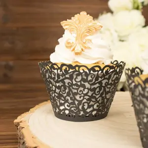 25-Pack Paper Cupcake Wrappers Lace Laser Cut Design Black - Muffin Baking Cup Trays for Events