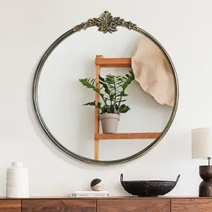 Circular wall mirror with retro black flower frame - Decorative wall mirror, 33X32 Large suitable for living room, bedroom, entrance, bathroom vanity - Elegant antique home decoration