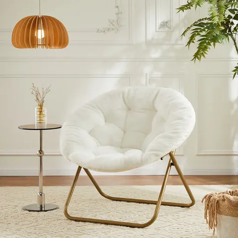 Sweetcrispy Modern X-Large Armless Sturdy Faux Fur Saucer Round Chair - Quick Folding Fully Padded Memory Foam Chair with Metal Frame, Anti-Slip Bottom, Portable Storage for Teens, Bedroom Use