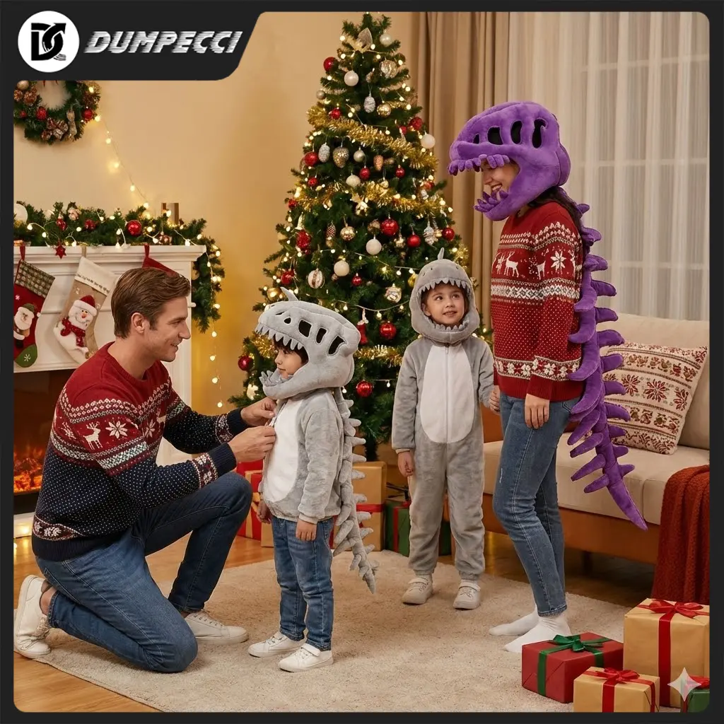 DUMPECCI Unisex Gray Plush Dino Skeleton Complete Costume Set - Soft Headpiece, Tail - Adults, Kids Valentine's Halloween Festive Party Supply - Animals/Dinosaurs Themed Playful Gift