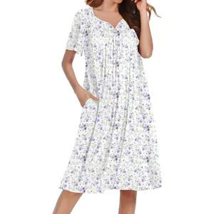 Elegant Nightgown for Women Short Sleeve House Dress with Pockets Soft Moomoo Pleated Mumu Dresses V Neck Sleepwear Fitted Holiday Style Summer Womenswear Casual Day Elegant Feminine Loungewear Floral Shortsleeve
