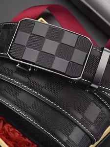Men's Business Plaid Pattern Automatic Buckle Belt, Durable Belt for Work Office, Casual Waistband for Jeans Trousers, Ratchet Belts