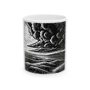 15oz Reusable Printed Ceramic Coffee Mug - Abyss Storm Glossy Cup with Classic Black-White Ocean Illustration, Galit Aura Original Graphic Art, Microwave-Safe Non-Toxic Ceramic Mug for Desk-Kitchen Use, 11oz Option Available, Coffee Mugs, Ceramic Mugs