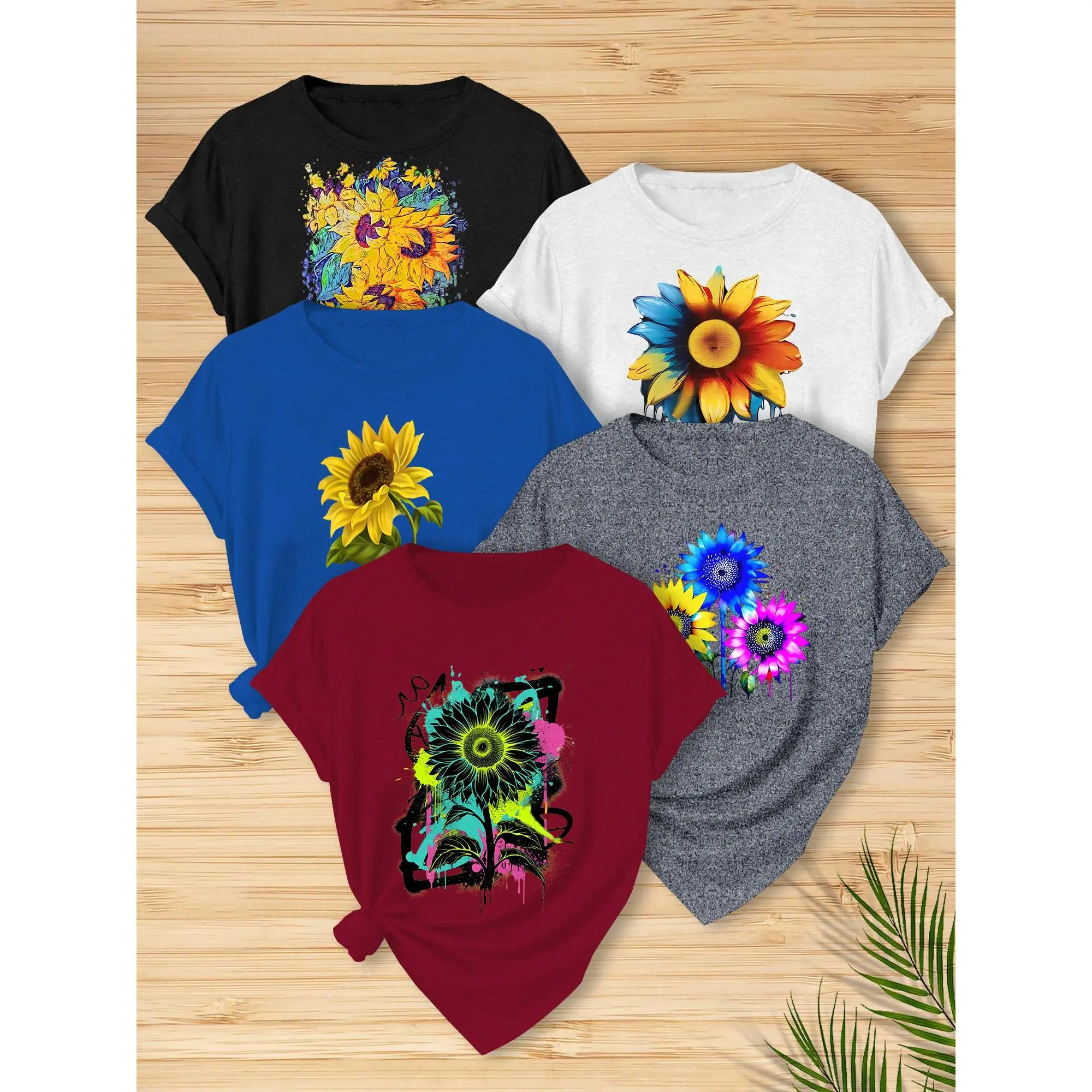 Women's 5-Piece Fitted Short-Sleeve T-Shirt Set, Summer Casual Streetwear, Artistic Sunflower Print, Round-Neck, Versatile, Machine-Washable, Shortsleeve, Tshirt, Women's Clothes