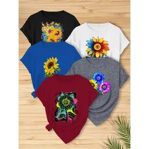 LOVE YOUSELF- Women's 5-Piece Set Summer Wear, Artistic Sunflower Pattern T-Shirt, Women's Round-Neck Short-Sleeved Top, Simple, Exquisite And Versatile Top, Women's Multi-Color Short-Sleeved Top, Machine-Washable Print, Street Style