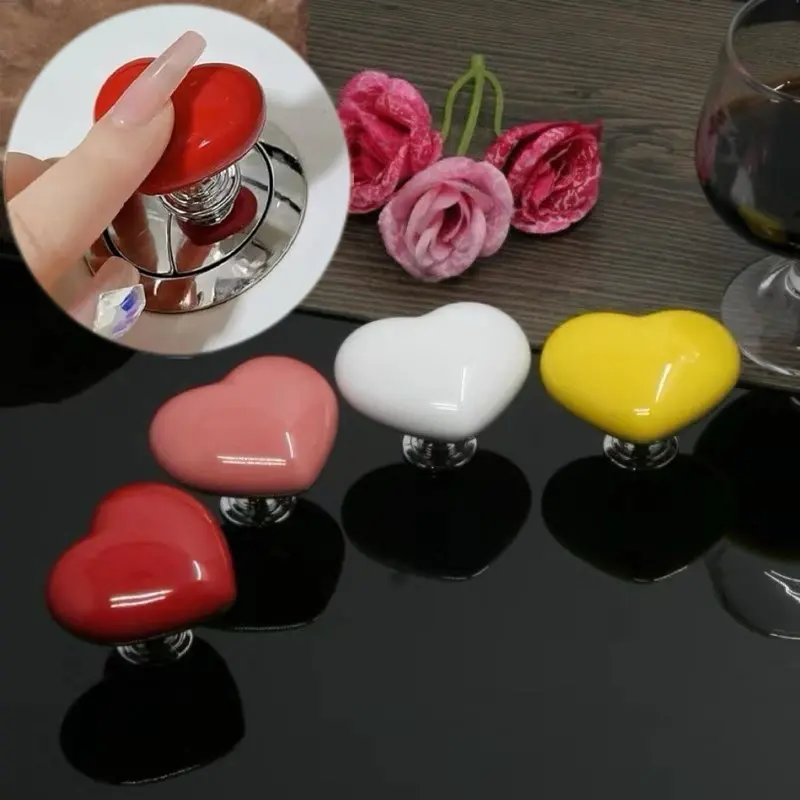 8PCS Toilet Button Pusher, Toilet Flusher Heart-Shaped Top Push Button for women with Long Nails, Ceramic Knobs for Cabinet, Dresser, and Wardrobe