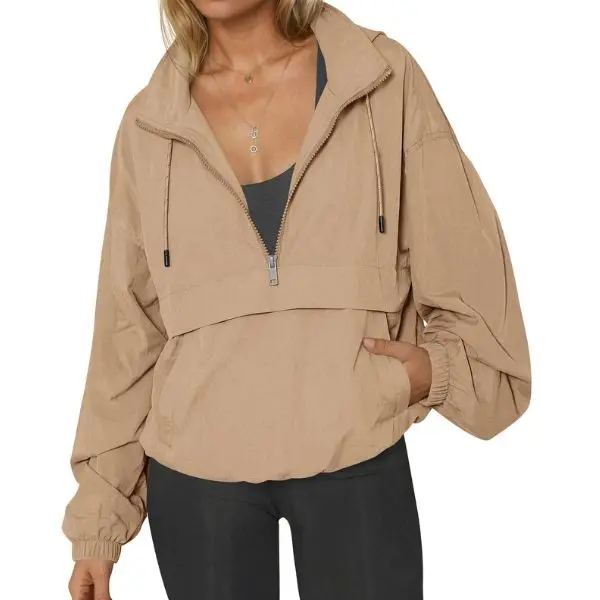 Fisoew Women's Half-Zip Stand Collar Cropped Windbreaker Jacket - Oversized Ribbed Dolman Long Sleeve Drawstring Pullover Anorak Top with Side Pockets, Breathable Fabric for Casual Jogger Outfits, Coats, Adjustable