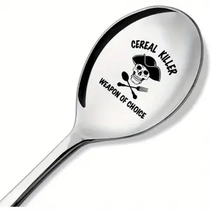 Funny Pirate Themed Cereal Killer Spoon, Engraved Skull & Crossbones Design, Novelty Tableware Gift for Adults, Cereal Lovers, Stainless Steel Spoon