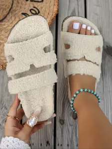 Women's Fluffy Fashion Slippers with Arch Support, Comfortable Open-Toe Design, Stylish PU Leather Home Shoes, Perfect Gift for Daily Wear, Flat Slippers