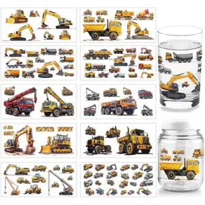 10 Sheets Construction Vehicles UV DTF Cup Wrap for 16OZ Glass, Excavators Trucks Crane Rub on Decals PVC Transfer Stickers for DIY Cups Water Bottle Wood Funiture