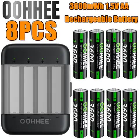AA Rechargeable Li-ion Batteries & High Capacity Universal Battery Chargers Kit - 8-Pcs 3600mWh(972mAh) Long Run 1.5V, 4-Slot Fast-Charging 2A High Drain Compatible, 1200x Cycles, LED Status Indicator, USB Port Enabled