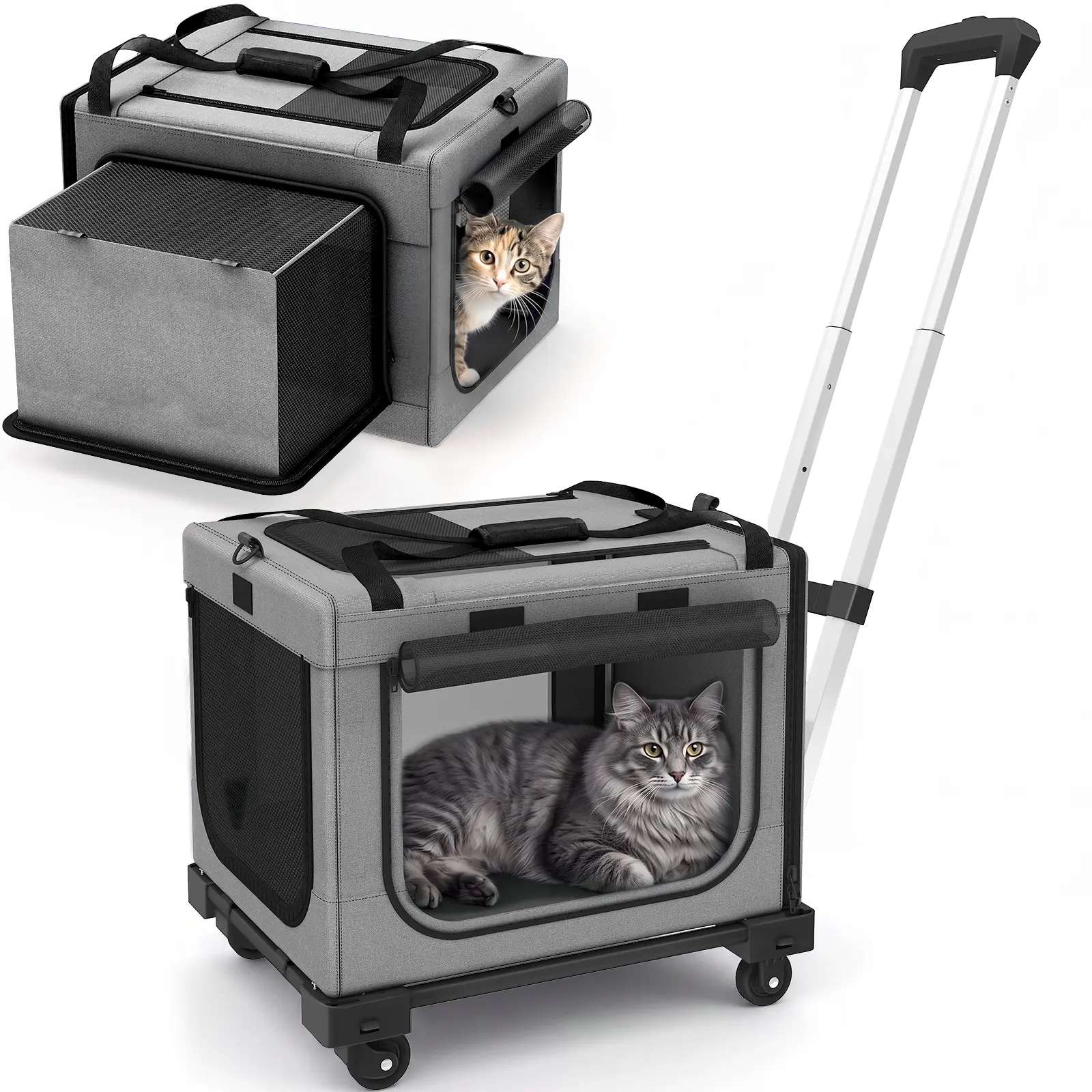 17in Wheeled Expandable Cat Carrier for Cats Small Dogs, Gray | elescopic rod, expandable side room, foldable breathable mesh, portable carrier for indoor & outdoor pet travel