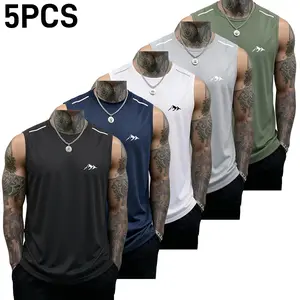 5PCS Men’s Fitness Tank Tops: Casual soft sleeveless muscle T-shirt, fitness T-shirt, sports tank top; solid color design, summer vibe, summer essential, men’s athletic tank top, breathable crew neck slim-fit tank top, suitable for running, fitness, baske