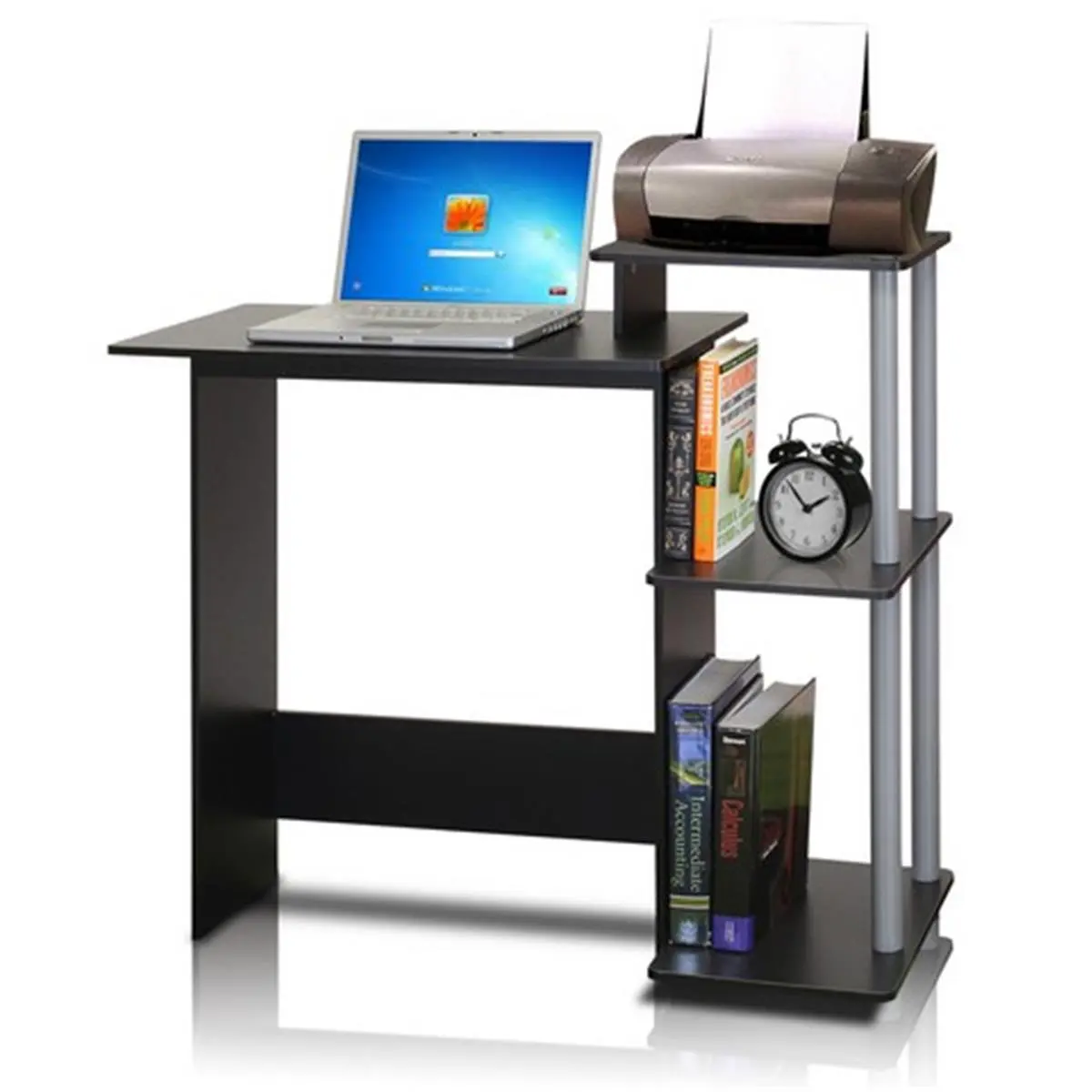 Furinno Durable Computer Desk - Locally Made Recycled Composite Wood Workstation, Space-Saving Furniture, Black & Grey Modern Home Office Desk, 33.6x39.6x15.6in Monitor Shelf