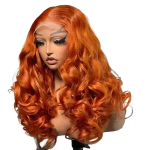 30 Inch Ginger Wig Blended Human Hair 200% Density 13x4 Ginger Orange Body Wave Lace Front Wigs Glueless Wig Pre Plucked #350 Colored HD Transparent Lace Frontal Wigs for Women