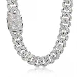 ④③SPACEICE 20mm Iced Out Baguette & Round Cut Cuban Link Chain - Silver Tone with 5A Cubic Zirconia, Hip Hop Jewelry for Men & Women