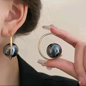 Unique Large C Shaped Hoop Earrings With Red Black Imitation Pearl Design