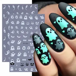 2pcs Halloween Nail Art Stickers, Glow-In-The-Dark Ghost Pumpkin Skull Designs, Cute 3D Festival Nail Decals for Women & Girls