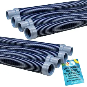 Professional 8 Piece Swimming Pool Vacuum Cleaner Hose Set, Blue & Gray - 40" Flexible Spiral Wound Connector Sections, 1.5" Cuffs