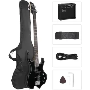 GLARRY Electric Bass Guitar 4 Strings Buring Fire Style Single Coil - Split Single Coil Pickups for Beginner Adults Right Hand w/ 20W Amp, Bag, Strap and Cord (Black)