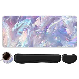 4pcs Fashion Feather Design Mouse Pad + Keyboard Wrist Rest + Ergonomic Mouse Pad + Coaster Set For Desktop Decoration, Office Accessories Set Ergonomic Wrist Support, Computer Mat Mouse Pad Coaster Suitable For Home Office Gaming, Gaming Mousepad