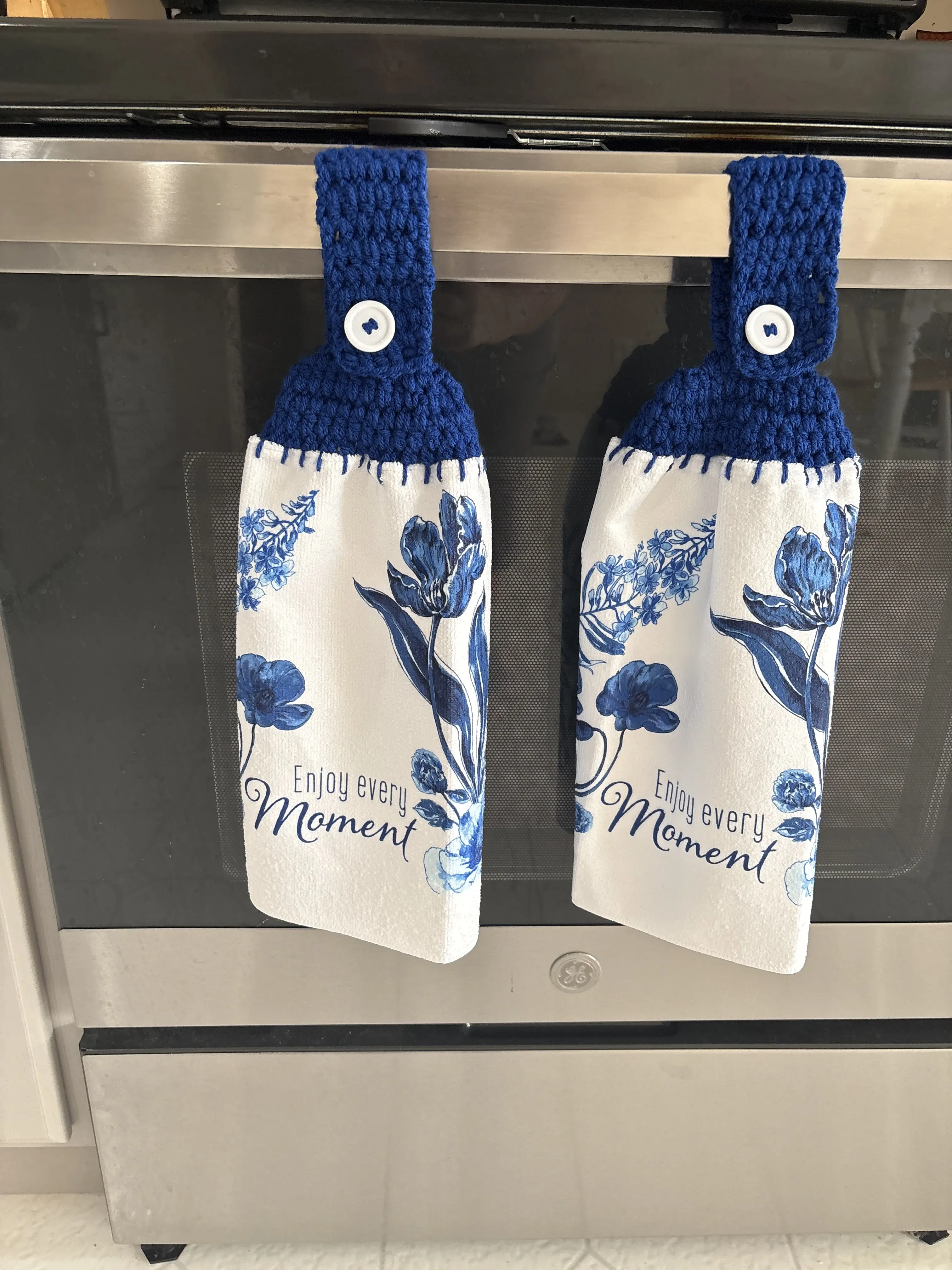 Blue and white kitchen Crochet towels, Enjoy Every Moment Towels